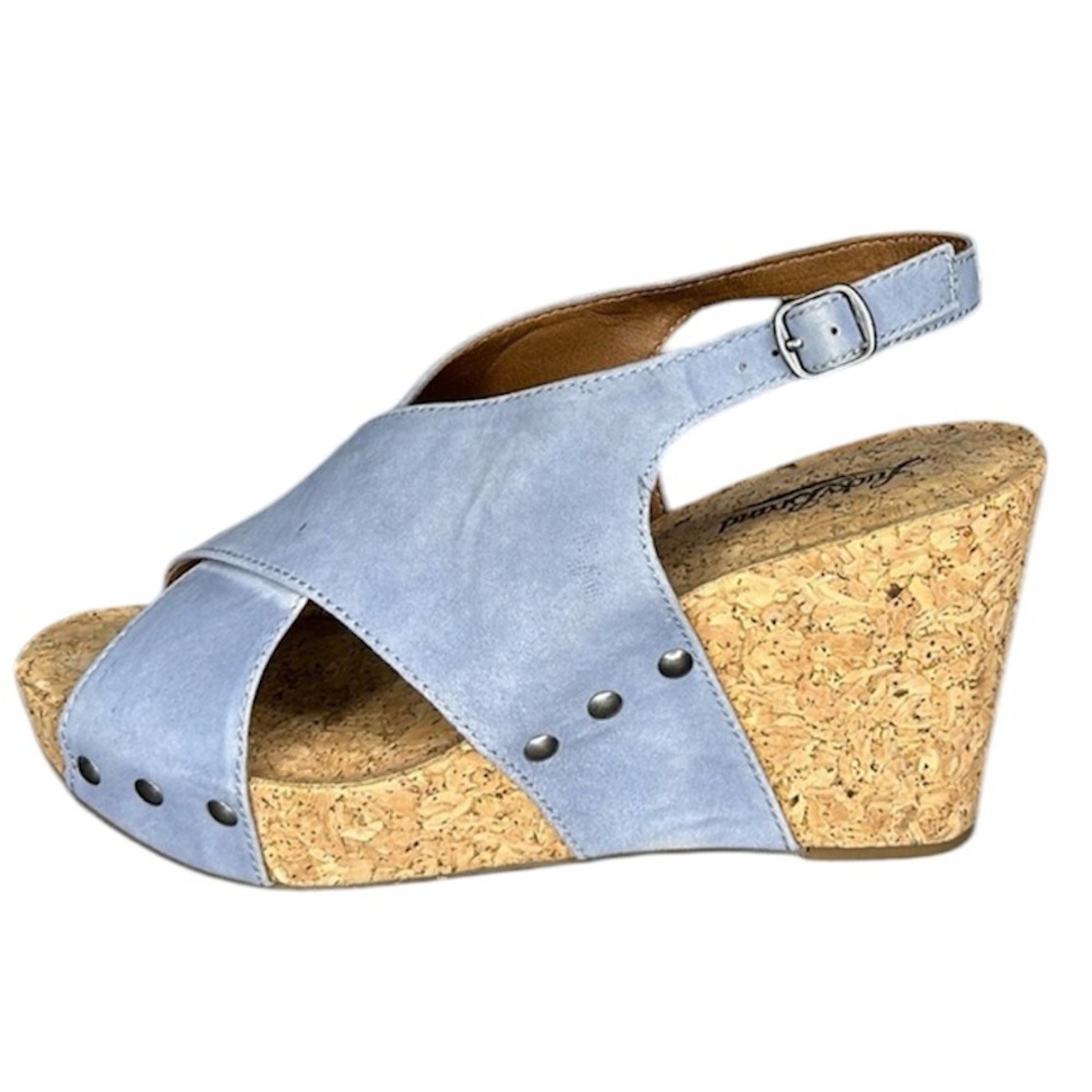 Lucky Brand Minari Light Blue Suede Cork Wedge Sandals Sz 9